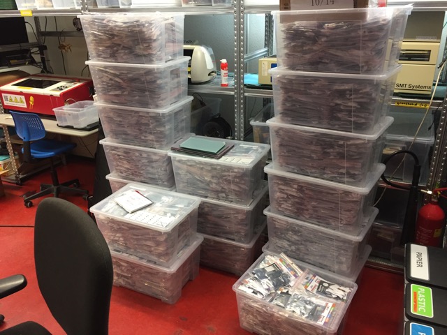Boxes of badge kits, ready to ship to the event.