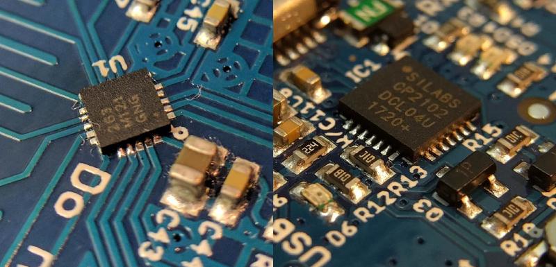 Underfilled solder pads on touch and serial IC.